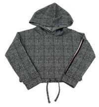 Černo-bílo/světlešedá kostkovaná vzorovaná melírovaná úpletová crop mikina s pruhy a kapucí Matalan