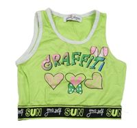 Zeleno-bílo-černý crop top s nápisy a srdíčky 