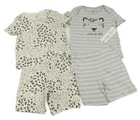 Nové - 4set - Smetanové bavlněné kraťasy s leopardím vzorem + šedo-bílé pruhované + 2x tričko F&F