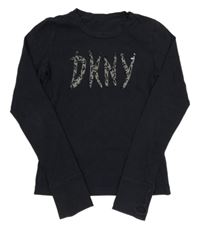 Tmavomodré triko s nápisem s flitry DKNY