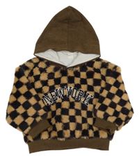 Hnědo-tmavohnědá kostkovaná chlupatá zateplená mikina s nápisem a kapucí