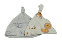 2x bavlněná čepice - šedá melírovaná žebrovaná s Dumbem + světlešedá melírovaná se zvířaty