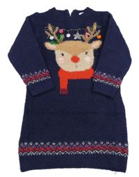 Tmavomodré třpytivé svetrové šaty se sobem s flitry Next