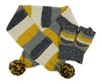 2set - Tmavomodro-šedo-okrová pruhovaná šála s bambulemi + zaklápěcí rukavice John Lewis