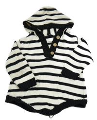 Světlebéžovo-černý pruhovaný dlouhý svetr s kapucí