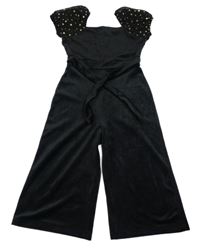 Černý plyšový culottes overal s šifonovými rukávy s hvězdami a páskem Matalan