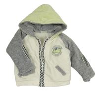 Smetanovo-šedo-zelenkavá sametová zateplená propínací mikina s botou a kapucí