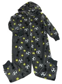 Tmavošedá chlupatá kombinéza s fotbalovými míči a kapucí ThreadBoys