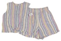 Nové - 2set - Modro-bílo-růžová pruhovaná lněná crop halenka + kraťasy Nutmeg