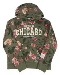 Khaki květovaná mikina s nápisem a kapucí H&M
