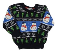 Tmavomodro-modrý vzorovaný svetr se sněhuláky zn. Primark
