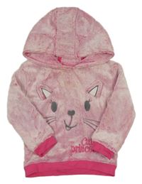 Růžová plyšová mikina s kočkou a kapucí zn. Ergee