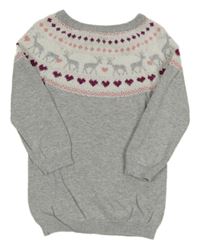 Šedo-bílé svetrové šaty se soby a srdíčky zn. Yd.