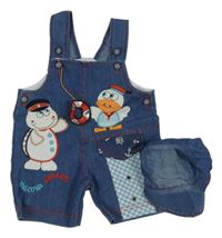 2 set - modré laclové riflové kraťasy s obrázky + kšiltovka 