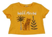 Žluté crop tričko s leopardem a perličkami 