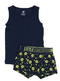 2 set - tmavomodrý nátělník + tmavomodro-žluté boxerky s příšerkami 