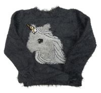 Tmavošedý chlupatý svetr s jednorožcem H&M