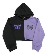 Černo-lila crop mikina s motýlky a kapucí zn. Shein