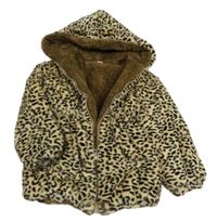 Béžovo-černá kožešinová zateplená bunda s leopardím vzorem a kapucí 