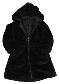 Černý kožešinový podšitý kabát s kapucí a bambulemi 