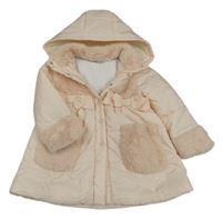 Světlerůžový šusťákový zimní kabát s mašlemi a kapucí 