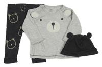 3set - Světlešedé triko s čumákem + antracitové žebrované lehké tepláky s medvídky + čepice F&F