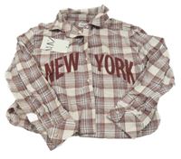 Nové - Vínovo-smetanová kostkovaná crop halenka s nápisem Zara