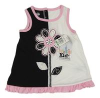 Nové - Bílo-černo-růžová šatová tunika s květem 