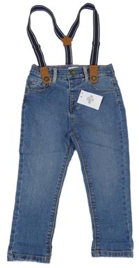 Nové - Modré skinny rifle s kšandami Primark