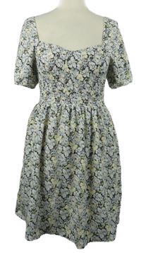 Dámské khaki-světlemodro-žluté květované žabičkové šaty H&M