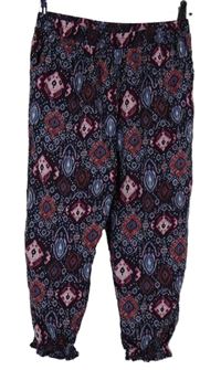 Dámské tmavomodro-růžové vzorované capri harémové kalhoty 