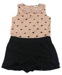 Růžovo-černý kraťasový overal se srdíčky zn. Matalan