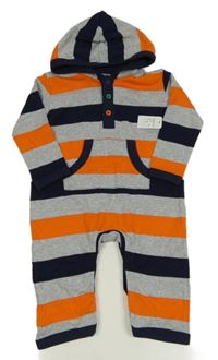 Nové - Tmavomodro-šedo-oranžový pruhovaný overal s kapucí 