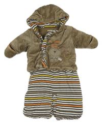 Hnědo-pruhovaná sametovo/bavlněná zateplená kombinéza/fusak s medvědem a kapucí Orchestra