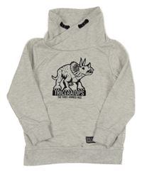 Šedo-bílá melírovaná mikina s dinosaurem a komínovým límcem Dopodopo