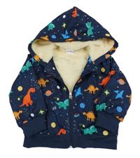 Tmavomodrá zateplená šusťáková bunda s dinosaury s kapucí