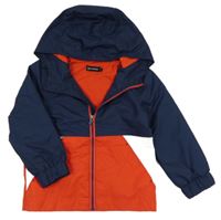 Tmavomodro-červeno-světlešedá šusťáková jarní bunda s kapucí in extenso