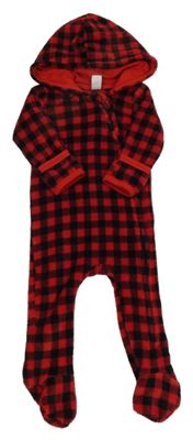 Červeno-černá kostkovaná chlupatá kombinéza s kapucí 