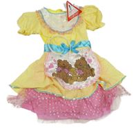 Nové - Kostým 2set - Žluto-bílé kostičkované saténové šaty s medvědy + čelenka