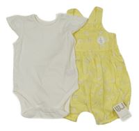 Nové -2set - Žlutý kraťasový overal s motýly + bílé body Mothercare
