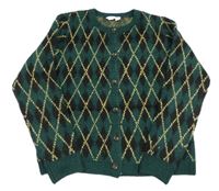 Tmavozeleno-černo-zlatý károvaný propínací svetr zn. Primark