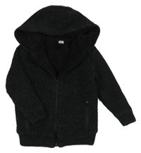 Tmavošedý žebrovaný propínací zateplený svetr s kapucí Tu