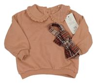 Nové - 2set - Starorůžová mikina s límečkem + kostkovaná čelenka F&F