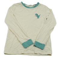 Smetanové pyžamové triko s dinosaurem a zeleným lemem 