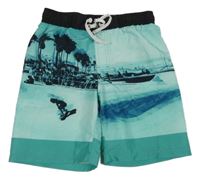 Světlezeleno-černé plážové kraťasy s palmami