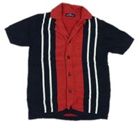 Tmavomodro-červené úpletové propínací tričko s bílými pruhy a límečkem Next