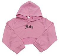 Růžová crop mikina s nápisem a kapucí SHEIN