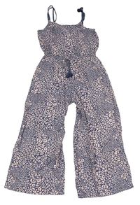 Tmavomodrošedo-světlepudrový vzorovaný květovaný kalhotový culottes overal F&F