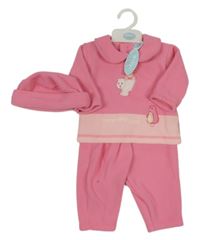 Nový - 3Set - Růžovo-světlerůžová fleecová mikina s tučňáčky a medvídkem a límečkem + kalhoty + čepice Baby C