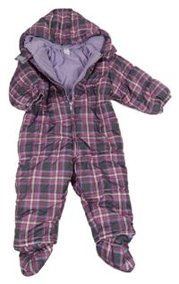 Tmavošedo/růžovo-fialová kostkovaná šusťáková zimní kombinéza s kapucí + capáčky C&A